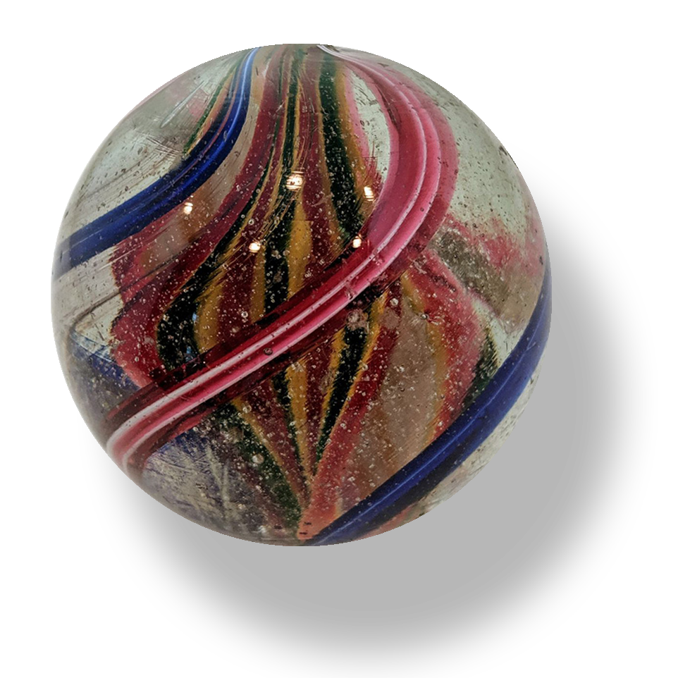 old rare double ribbon core marble - 2 inner ribbons of bright red-yellow-green-yellow-red. 4 outer ribbons (2 cobalt/white, 2 red/white).  Reverse twist! Faceted pontil.