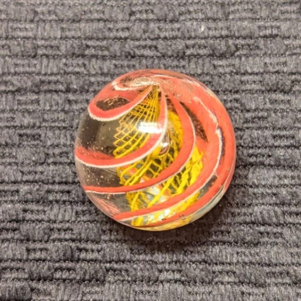 Beautiful & HTF Large 1-5/32" Shrunken Orange Latticino Swirl w/ 6 Narrow Cinnabar & White Outer Ribbons - Image 2