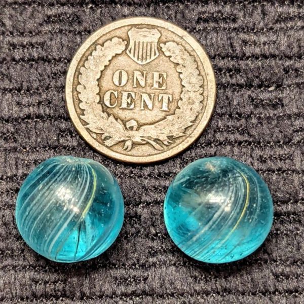 Same-Cane Set 1/2" Peewee Indian or Banded Aqua Blue Transparent Swirl w/ Opposed Bands of Surface White & Yellow Lines