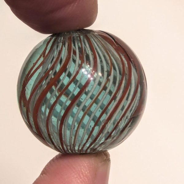 Rare 1" Wide White Latticino Swirl w/ Red Latticino Cage in Light Blue Glass - Image 2