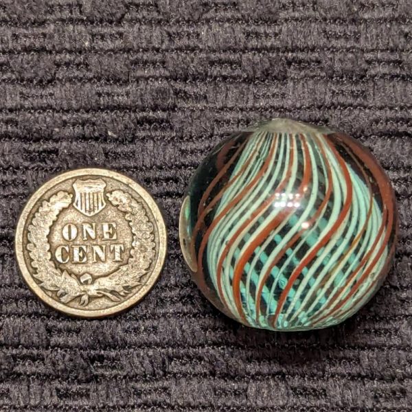 Rare 1" Wide White Latticino Swirl w/ Red Latticino Cage in Light Blue Glass