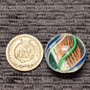 Beautiful Shooter Size Reddish Orange Net-Like Latticino Swirl w/ a Single Yellow Signature Thread