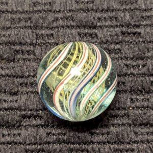 Exquisite Yellow Latticino Core Swirl w/ 6 Striped Red-White Blue Outer Ribbons