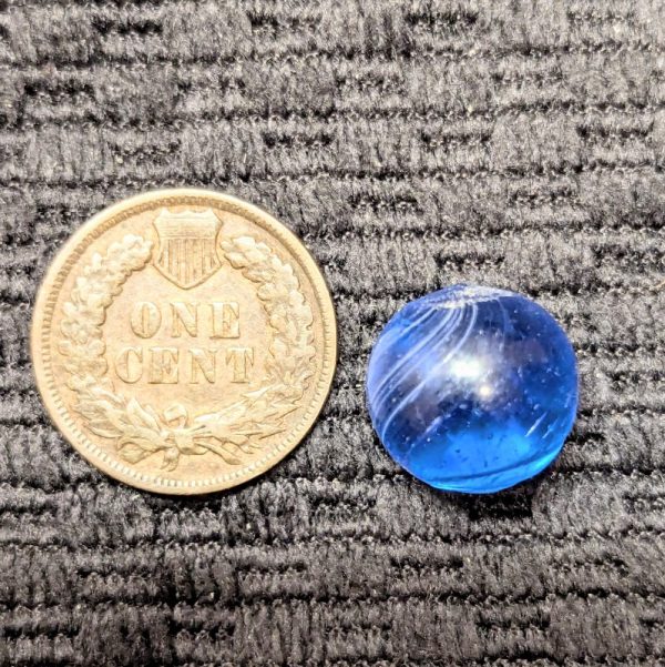 Peewee Blue Glass Banded Transparent Indian or Banded Swirl w/ 2 Opposed Sets of White Surface Threads