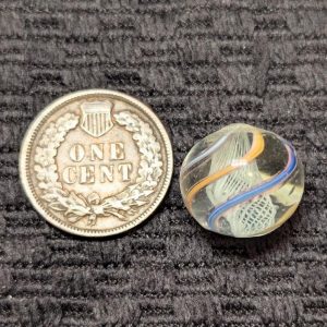Small Tight White Latticino Core Swirl w/ Striped 3-Color Jelly Ribbons