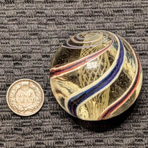 Beautiful 1-3/4″ Yellow Latticino w/ R-W-B Ribbons and Hurricane Twist @ Pontil – Wet Mint