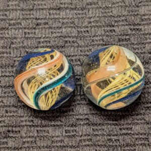 Large 27/32" & 7/8" Set of Yellow Latticino Core Swirls w/ Strong Twist & an Unusual Translucent Peach Ribbon!