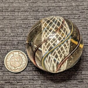 Immaculate Condition 1-3/4" Bright White Latticino Core Swirl w/ 6 Jelly Purple & Jelly Blue Outer Ribbons