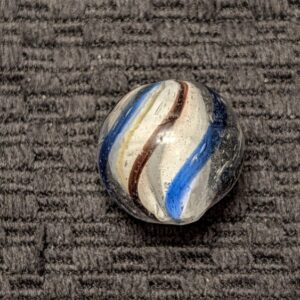 Attractive & Unusual Shooter Size Marshmallow White Divided Core Swirl w/ Purple & Blue Transparent Outer Ribbons