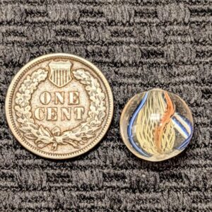 Peewee 1/2" Yellow Latticino Swirl w/ Red & Blue Striped Jelly Outer Ribbons