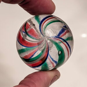 1-11/16" White Latticino Swirl w/ Unusual Transparent Wide Outer Ribbons of Blue, Green & Red