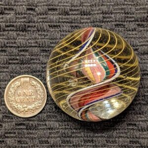 Great Looking & Rare Huge 1-9/16" Double Twist Thin Colorful Razor Ribbon Swirl with Tight Yellow Cage of Threads & Nice Twist!