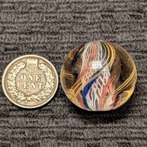 Large 29/32" Uncommon 3-Stage White Net-Like Latticino Swirl w/ 6 Internal Red & Blue Jelly Ribbons