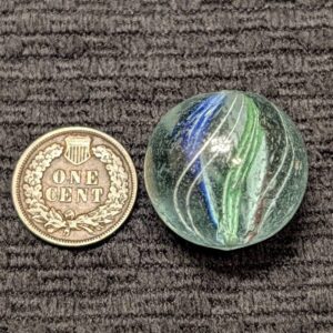 About 15/16" Divided Core Swirl w/ 3 Colorful Razor Ribbons of Red, Blue & Green Striped Jelly Lines over White
